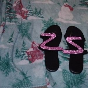 Pink and black flat sandals, size 9